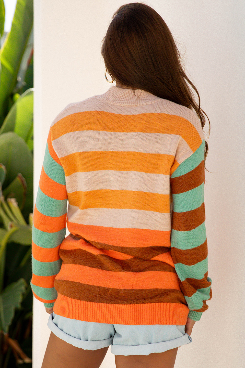 Orange Stripe Color Block High Neck Drop Shoulder Cozy Sweater - Viraxa