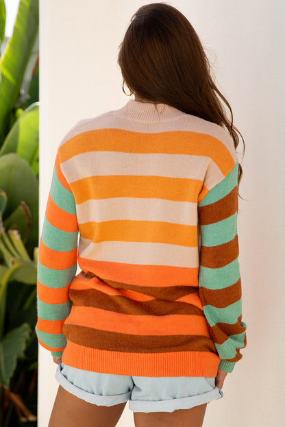 Orange Stripe Color Block High Neck Drop Shoulder Cozy Sweater - Viraxa