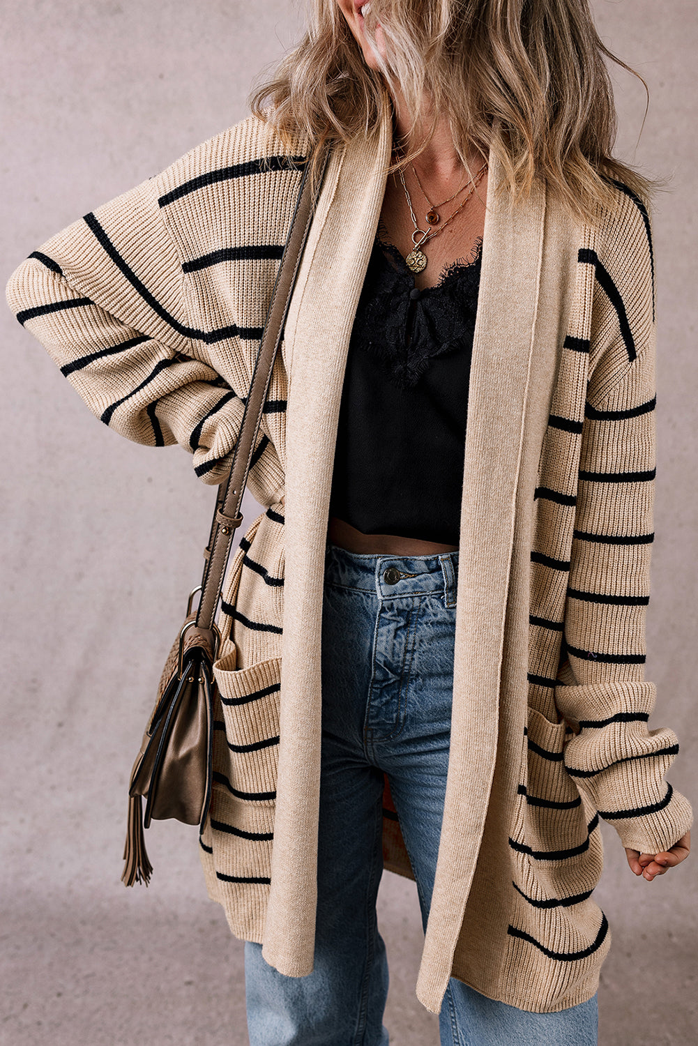 Black Stripe Shawl Neckline Open Cardigan with Pockets - Viraxa