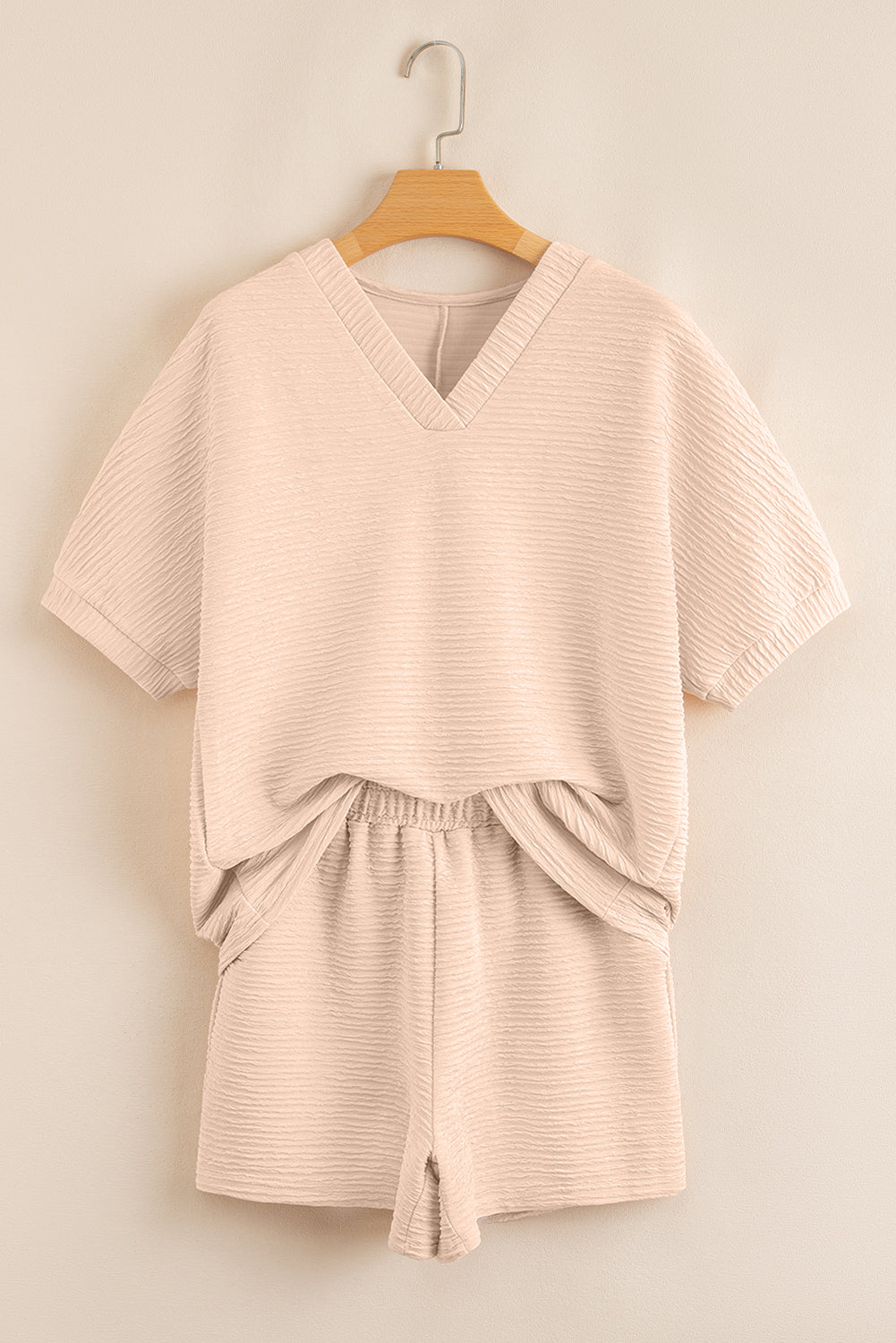 Apricot Textured V Neck T Shirt and Shorts Set - Viraxa
