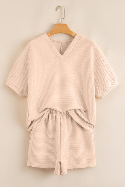 Apricot Textured V Neck T Shirt and Shorts Set - Viraxa
