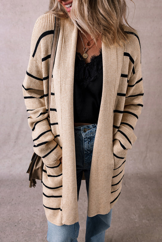 Black Stripe Shawl Neckline Open Cardigan with Pockets - Viraxa