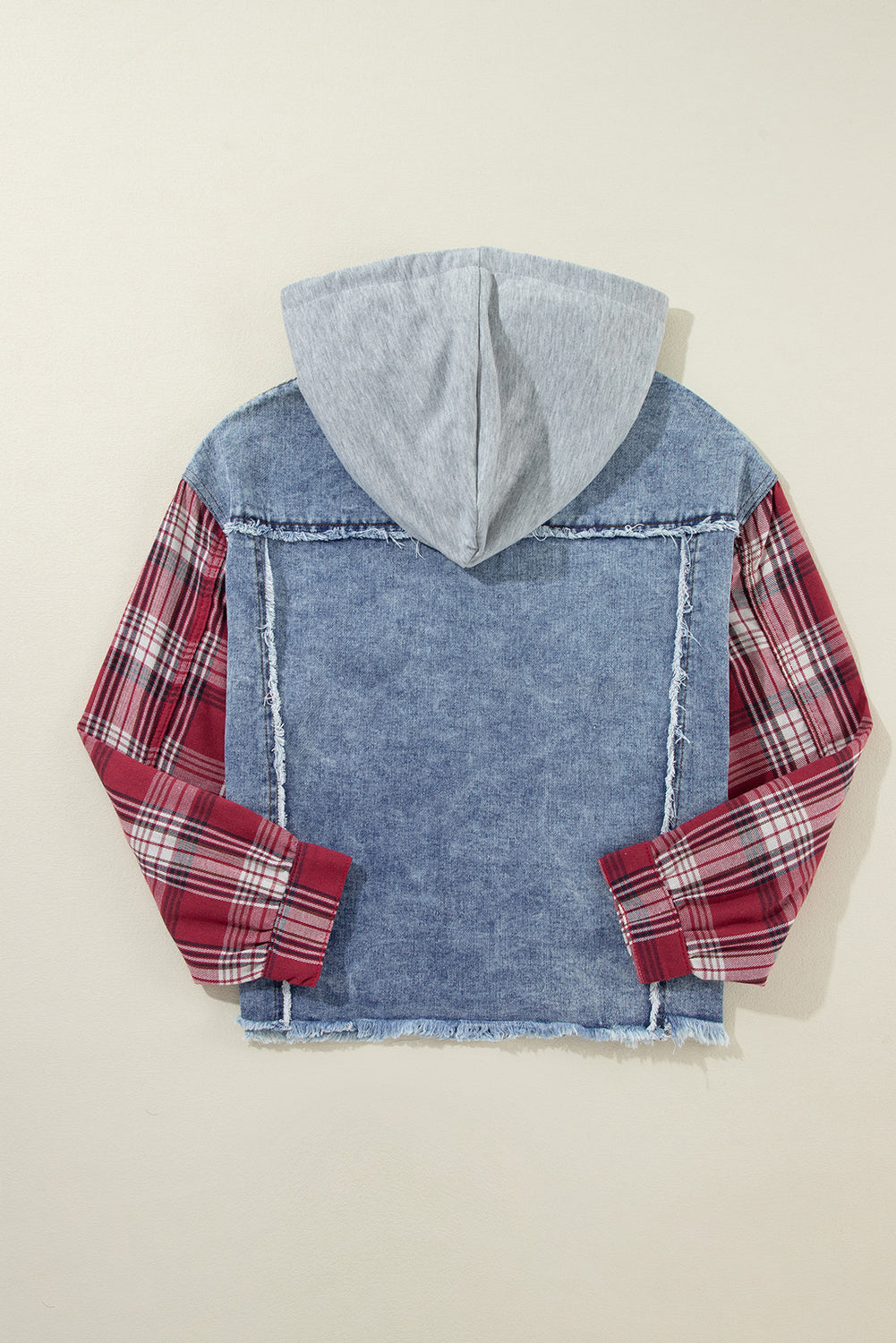Beau Blue Plaid Print Patchwork Hooded Raw Hem Denim Jacket - Viraxa