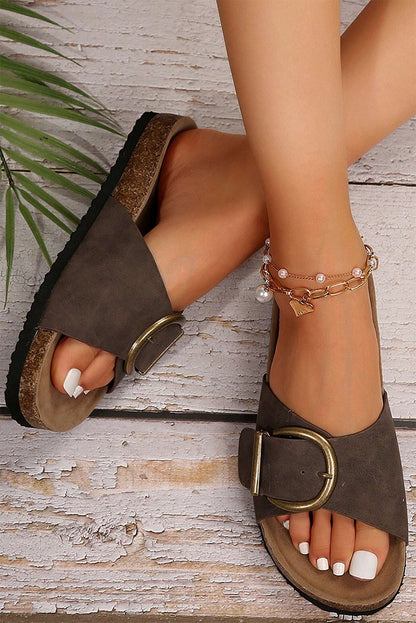 Coffee Buckle Decor Faux Suede Thick Sole Slippers - Viraxa