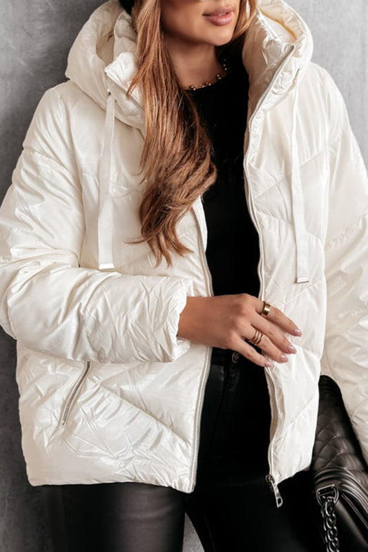 White Solid Quilted Hooded Zip Up Puffer Coat - Viraxa