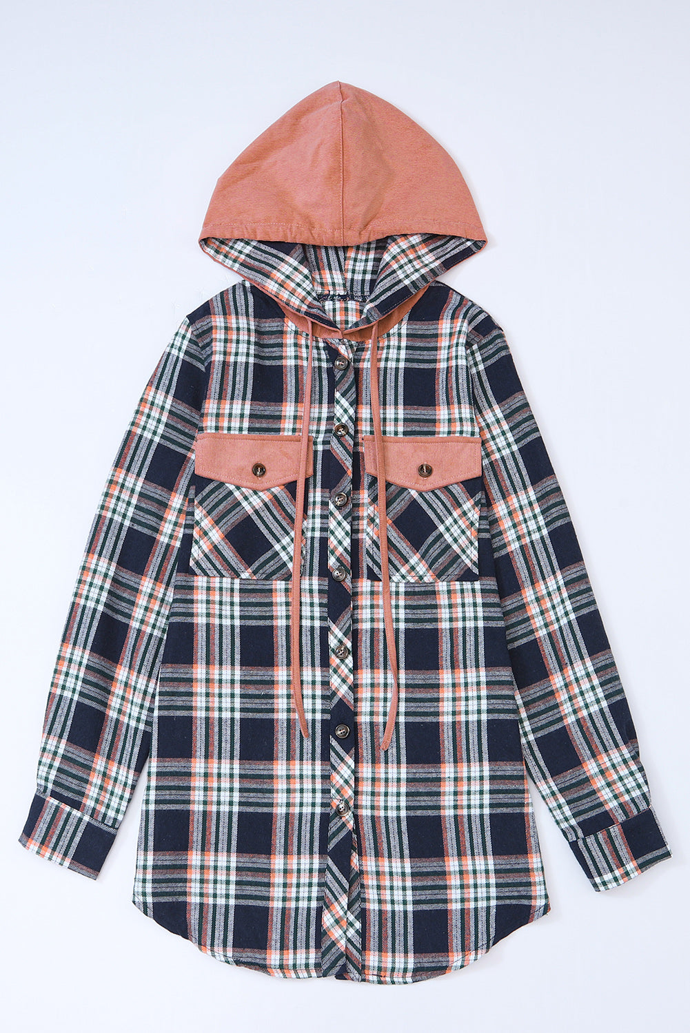 Pink Contrast Hooded Drawstring Plaid Shacket - Viraxa