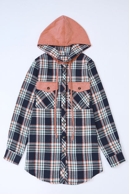 Pink Contrast Hooded Drawstring Plaid Shacket - Viraxa