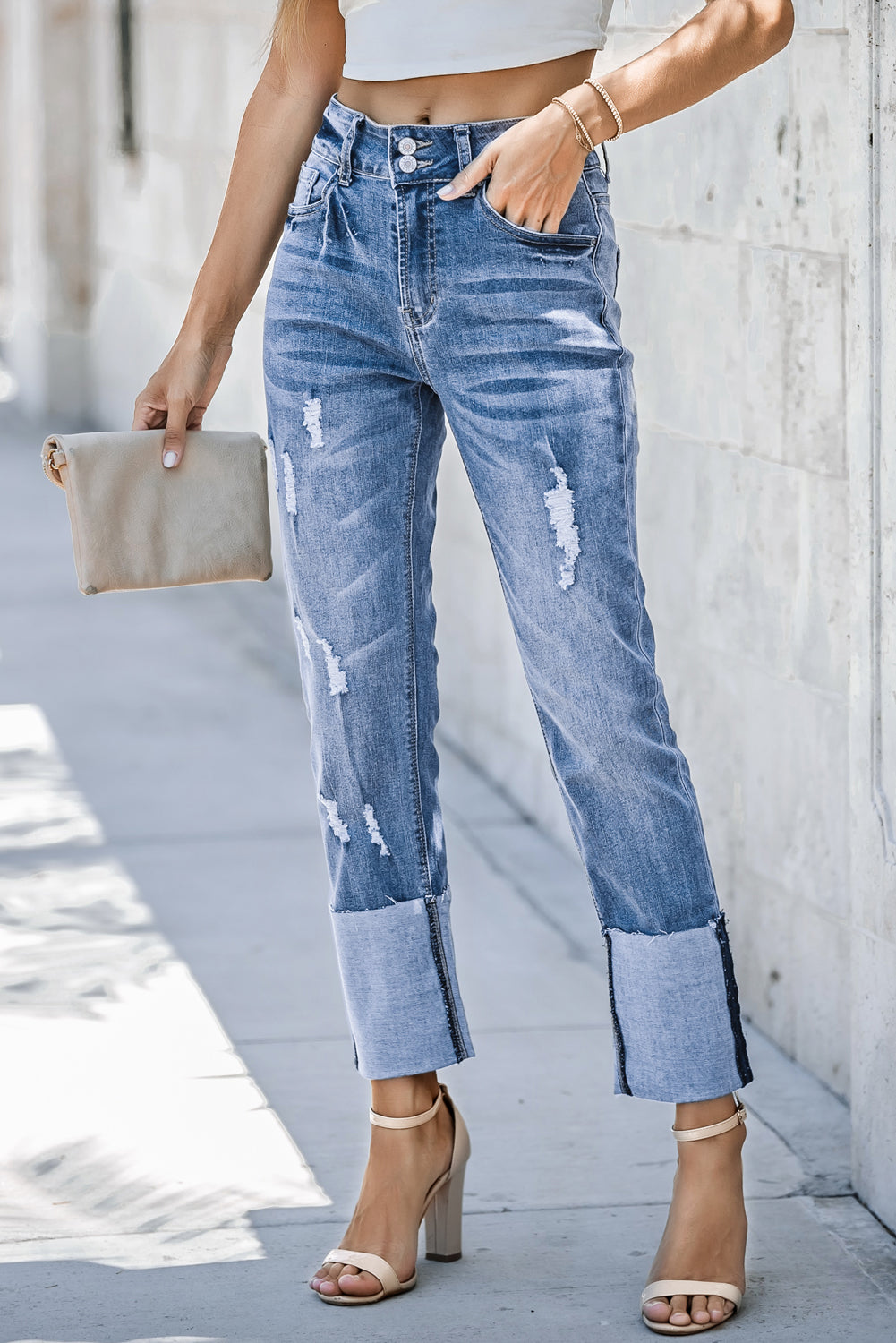 Sky Blue High Waist Distressed Straight Leg Jeans - Viraxa