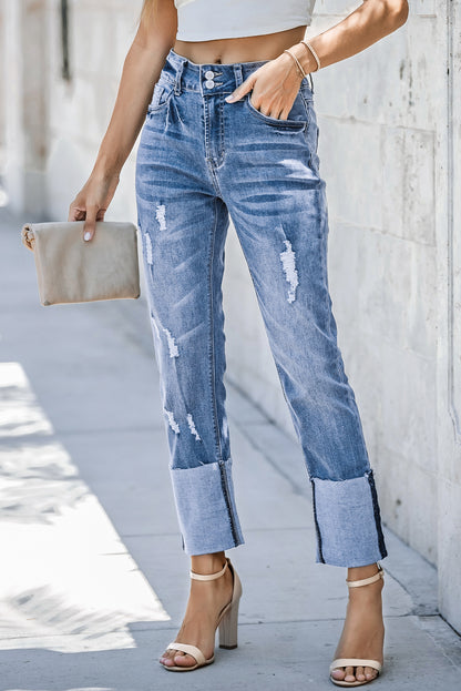 Sky Blue High Waist Distressed Straight Leg Jeans - Viraxa