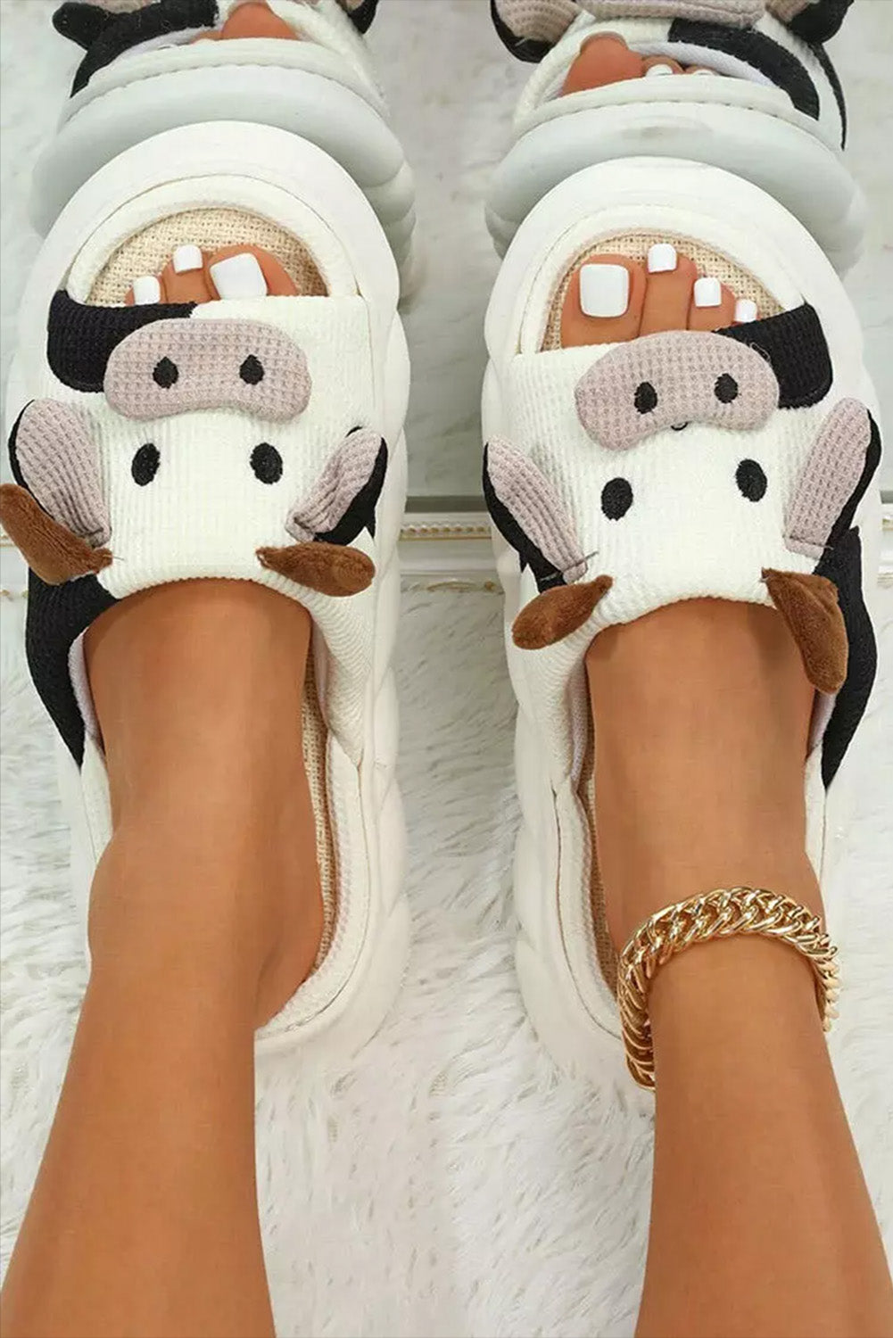 White Cute Cow Pattern Open Toe Slippers - Viraxa
