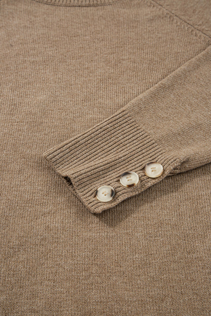 Camel Buttoned Bishop Sleeve Crew Neck Sweater