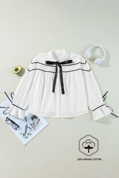 White Black Pipping Ribbon Bowtie Collared Ruffled Puff Sleeve Shirt