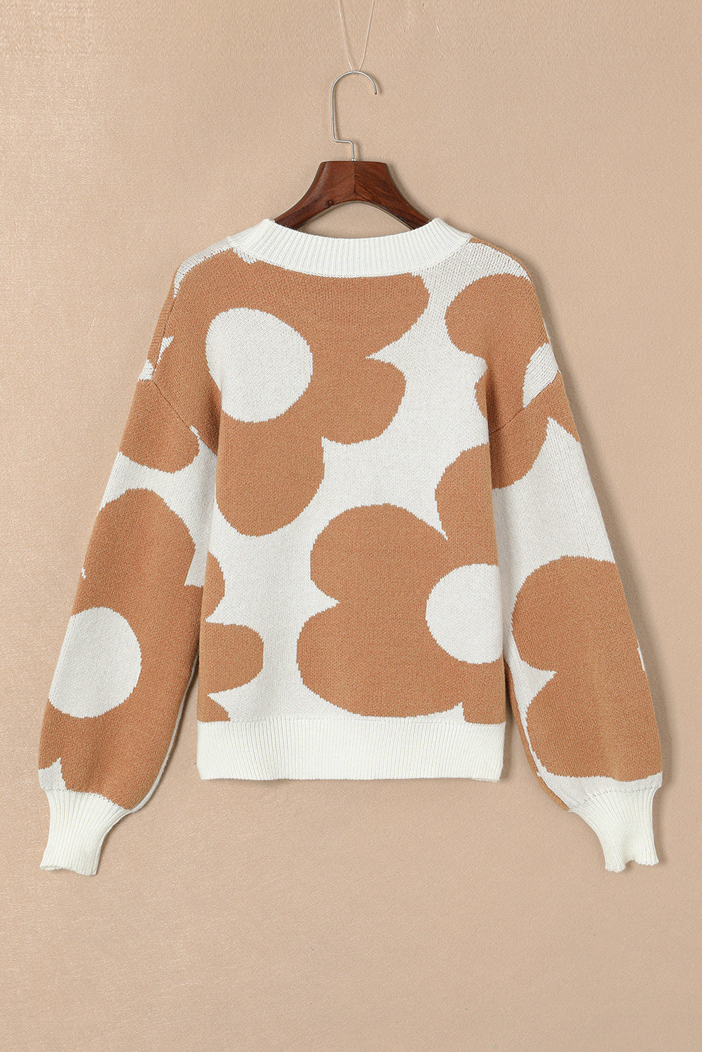 Khaki Big Flower Pattern Drop Shoulder Sweater - Viraxa