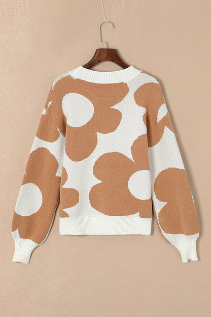 Khaki Big Flower Pattern Drop Shoulder Sweater - Viraxa