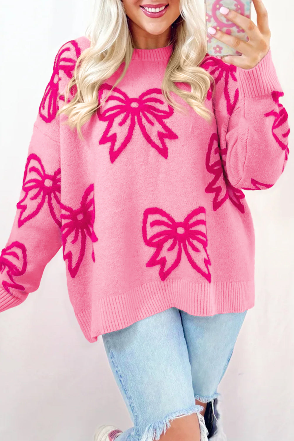 Pink Bow Pattern Drop Shoulder Loose Sweater - Viraxa