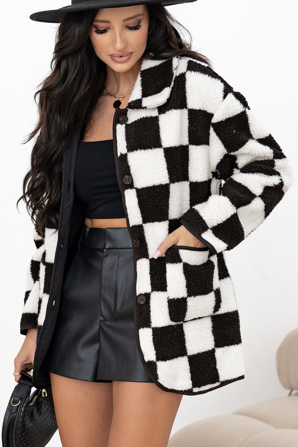 Black Checkered Side Pockets Collared Buttoned Fleece Jacket - Viraxa