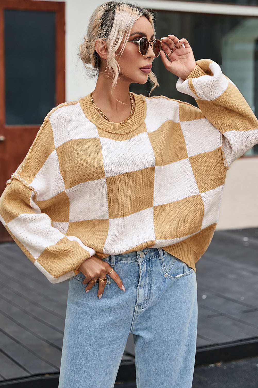 Khaki Checkered Bishop Sleeve Sweater - Viraxa