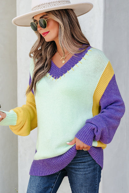 Green Stitched V Neck Color Block Knitted Drop Shoulder Sweater - Viraxa