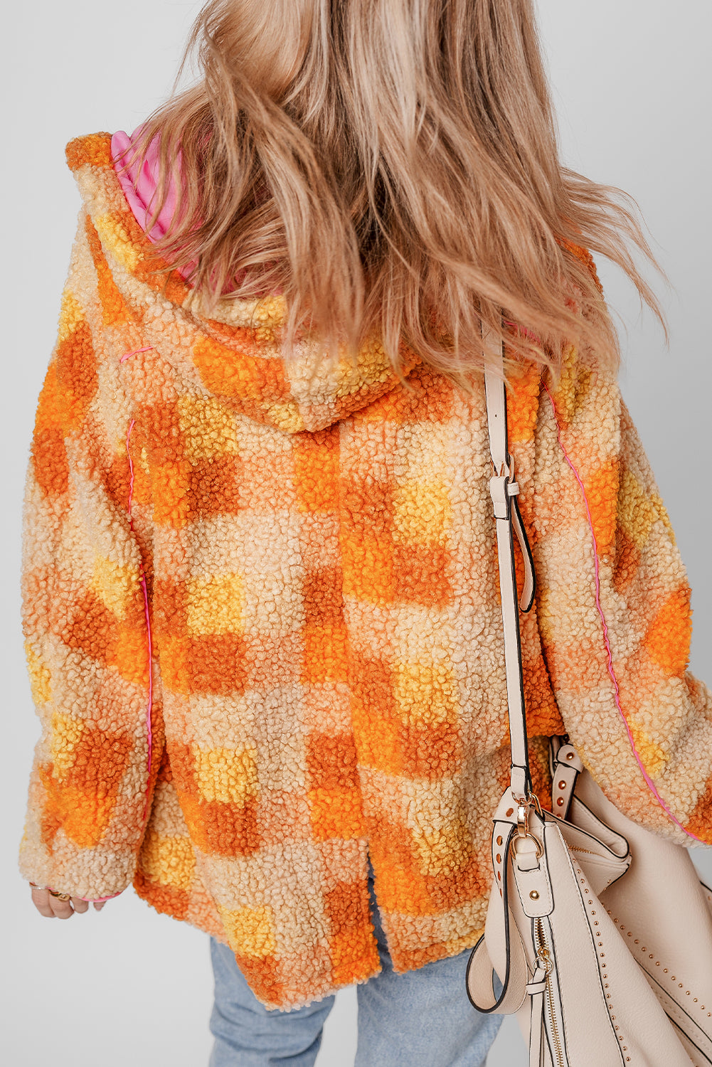 Orange Checkered Sherpa Hooded Jacket - Viraxa