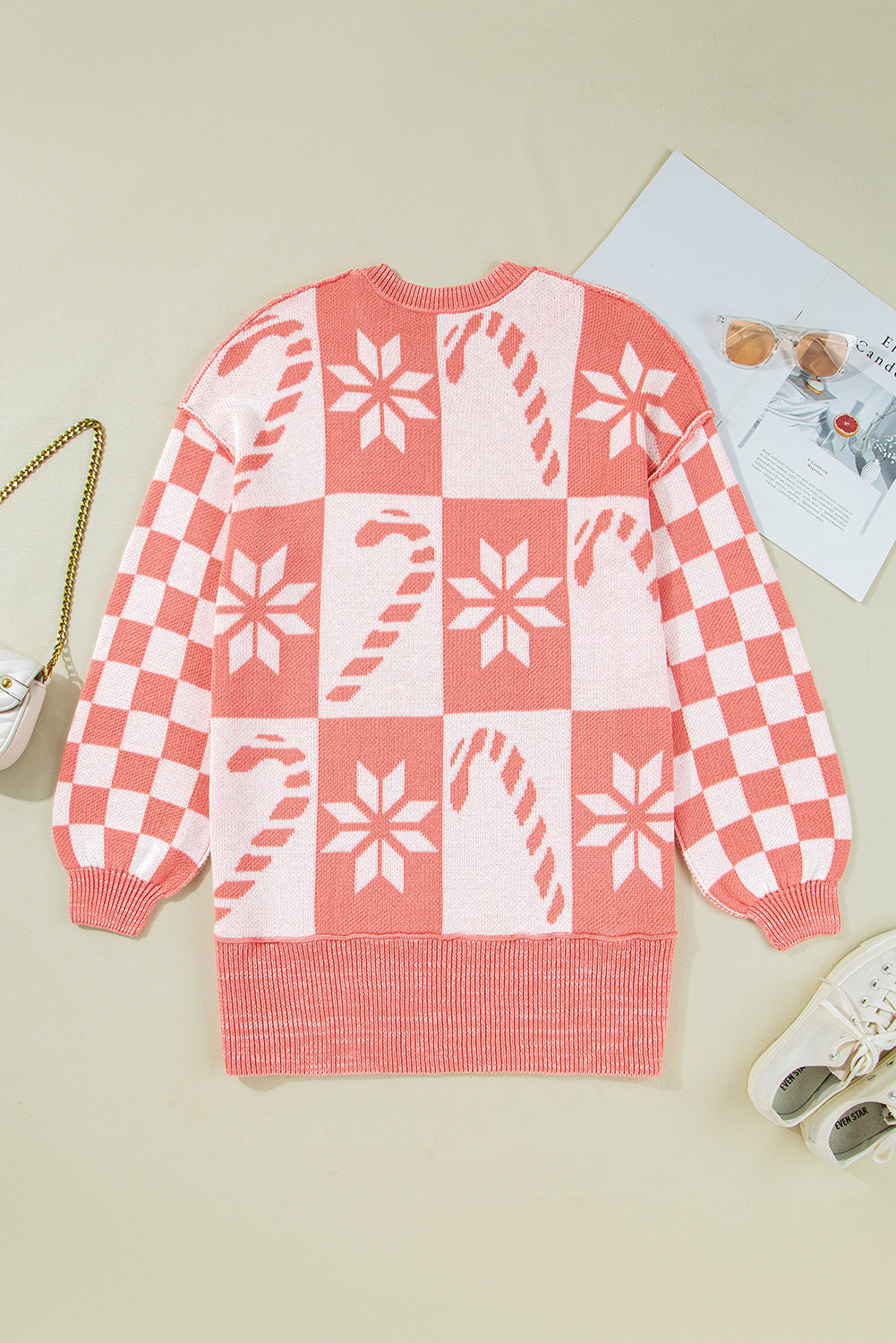 Pink Candycane Snowflake Checker Christmas Holiday Drop Shoulder Tunic Loose Sweater - Viraxa
