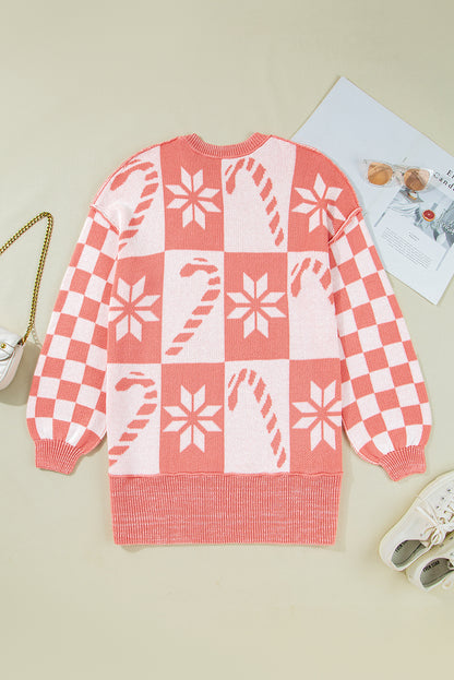 Pink Candycane Snowflake Checker Christmas Holiday Drop Shoulder Tunic Loose Sweater - Viraxa