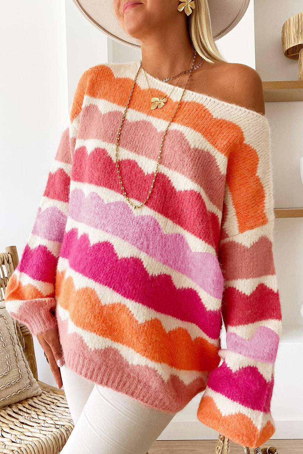 Rose Red Wave Striped Balloon Sleeve Drop Shoulder Sweater - Viraxa