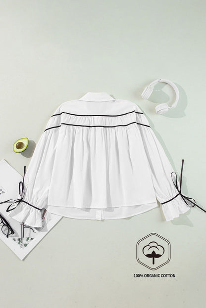 White Black Pipping Ribbon Bowtie Collared Ruffled Puff Sleeve Shirt