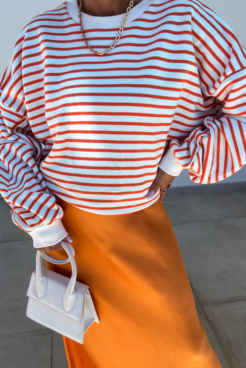 Orange Stripe Drop Shoulder Crew Neck Loose Sweatshirt - Viraxa