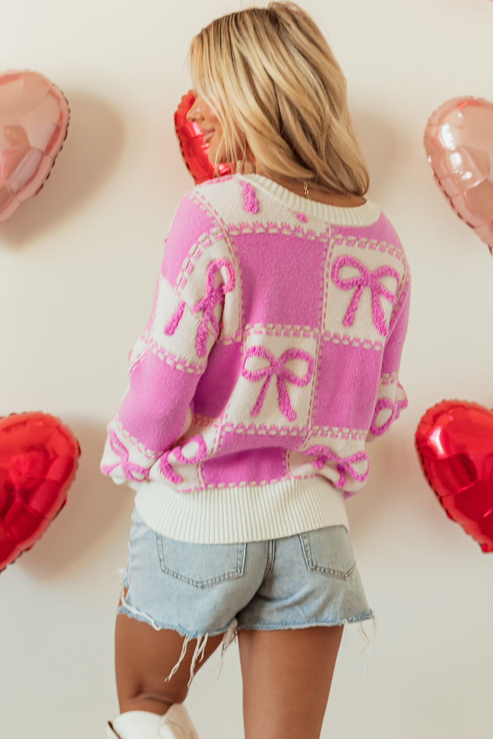 Pink Bow Knot Two Tone Checkered Crew Neck Sweater - Viraxa