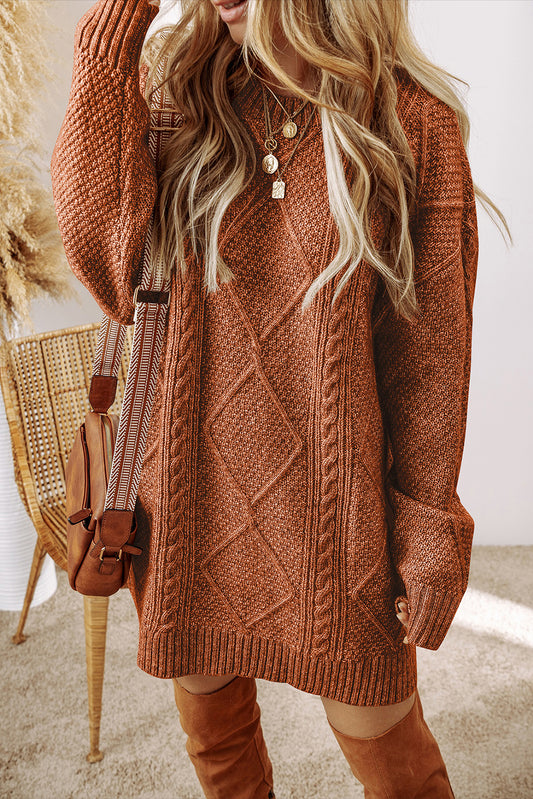 Coffee Cable Knit Drop Shoulder Loose Fit Sweater Dress - Viraxa