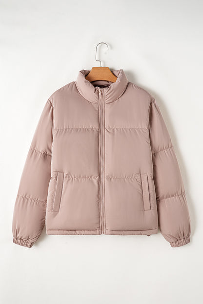Apricot Pink Full Zipper Quilted Puffer Jacket - Viraxa