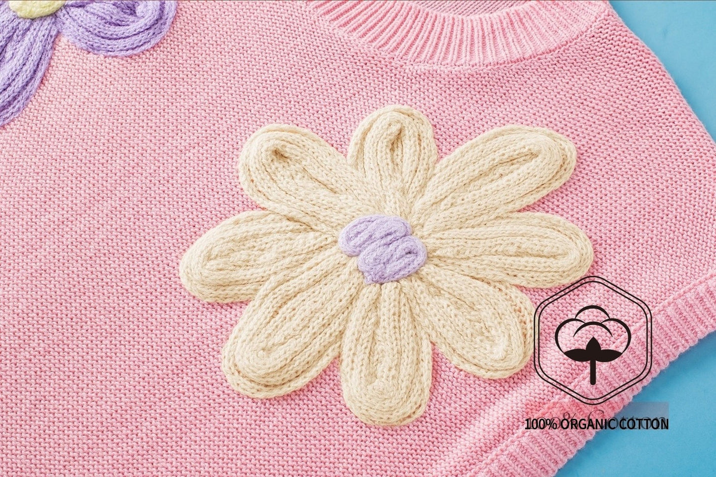 Pink Multi Crochet Flower Knit Short Sleeve Sweater Top