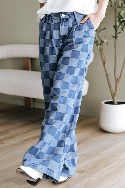 Dusk Blue Checkered Denim Wide Leg Jeans - Viraxa