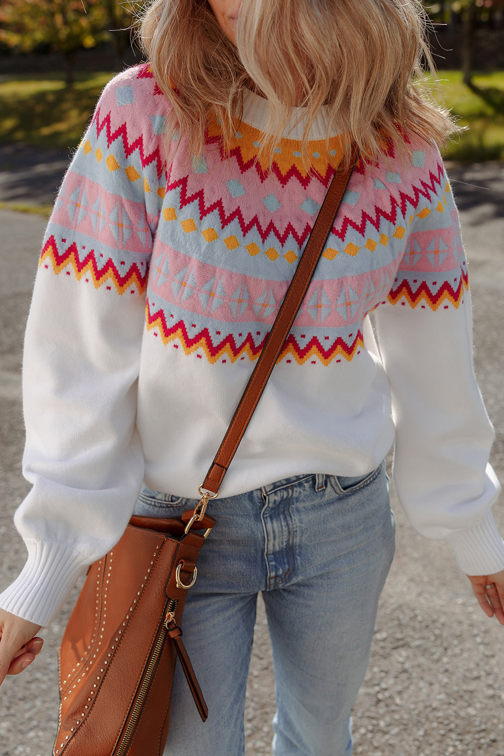 White Ethnic Geometric Colorblock Print Drop Shoulder Sweater - Viraxa