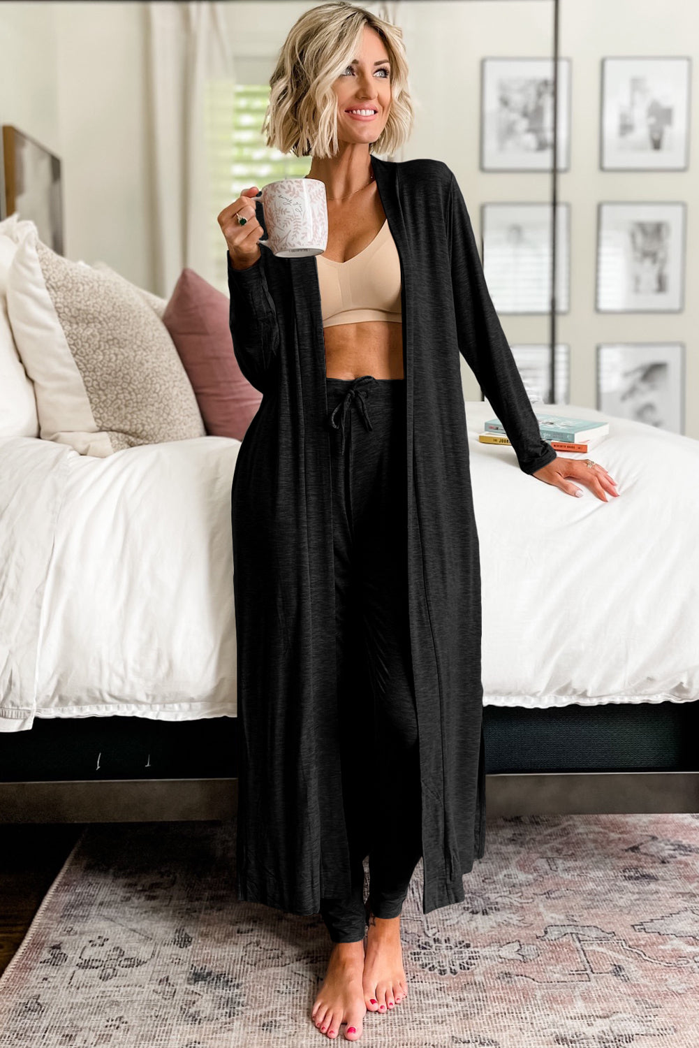 Black Split Long Cardigan and Skinny Pants Lounge Set - Viraxa