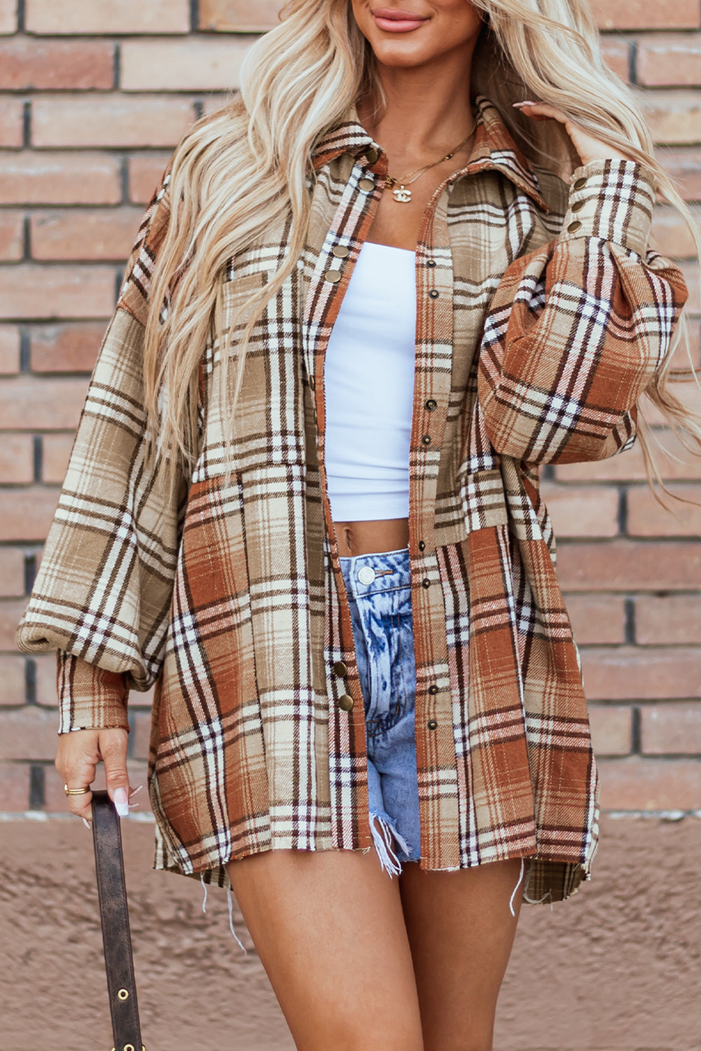 Khaki Plaid Colorblock Patchwork High Low Shacket - Viraxa