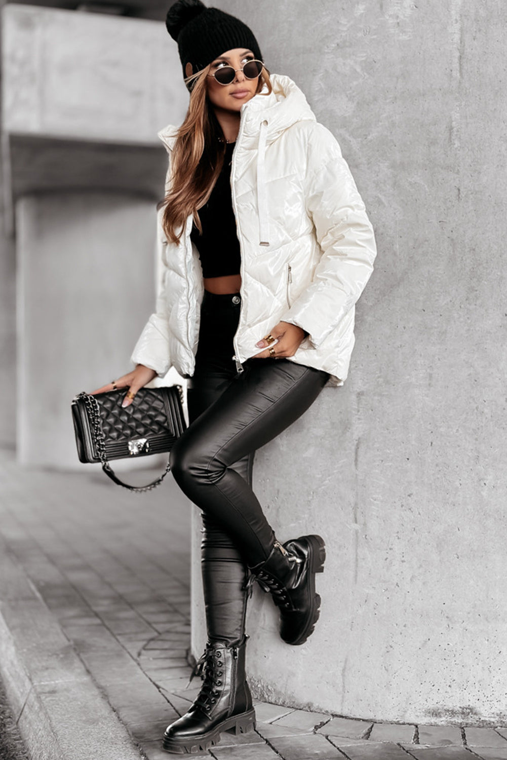 White Solid Quilted Hooded Zip Up Puffer Coat - Viraxa