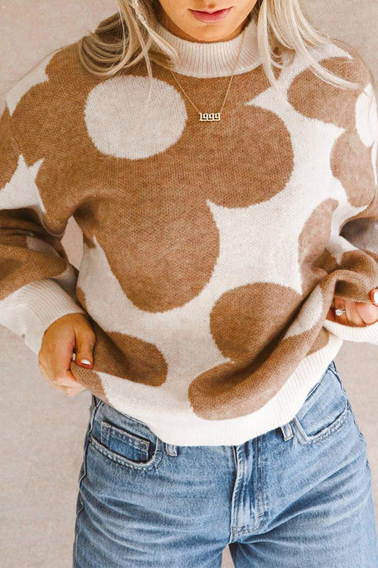 Khaki Big Flower Pattern Drop Shoulder Sweater - Viraxa