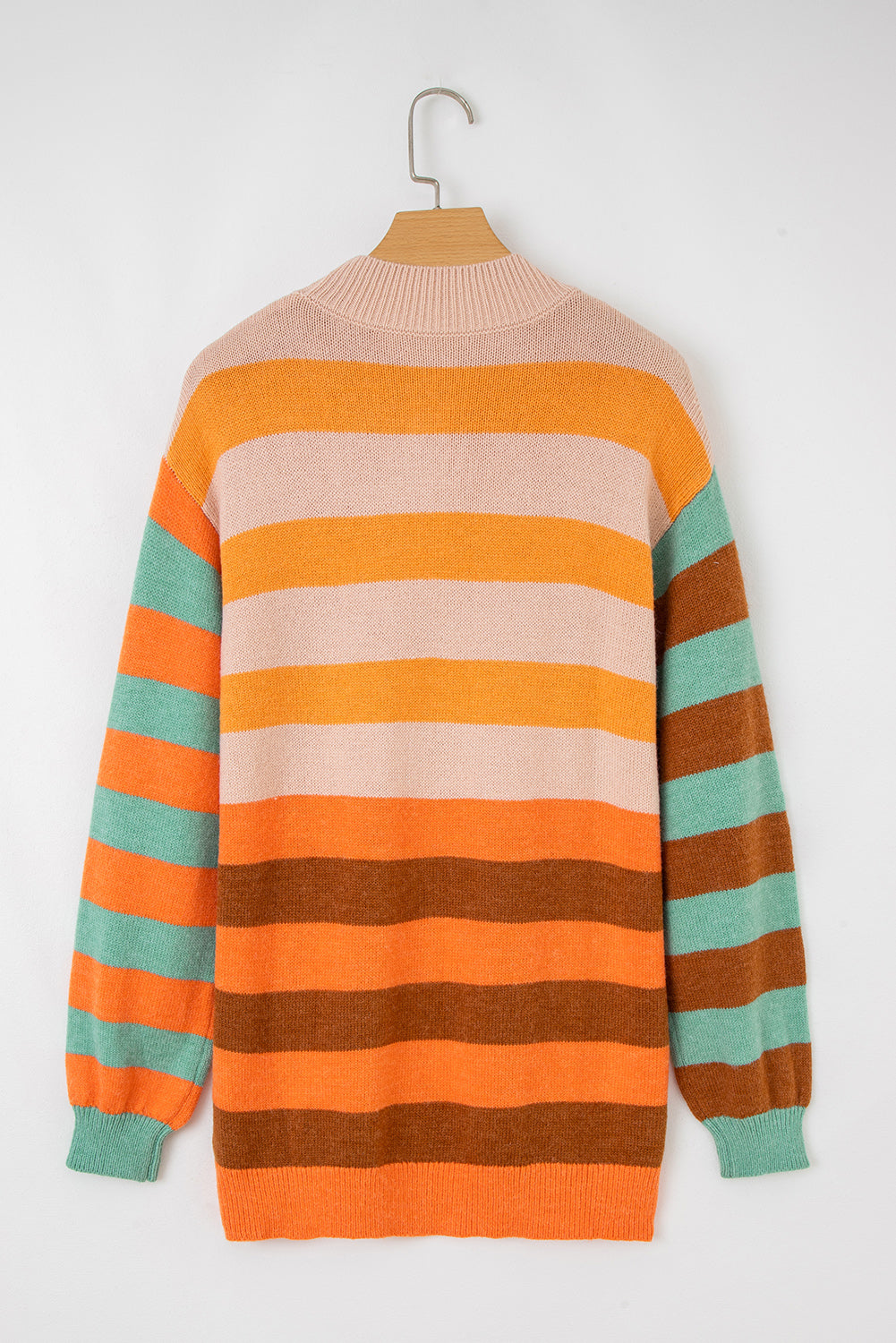 Orange Stripe Color Block High Neck Drop Shoulder Cozy Sweater - Viraxa