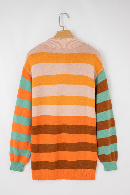 Orange Stripe Color Block High Neck Drop Shoulder Cozy Sweater - Viraxa