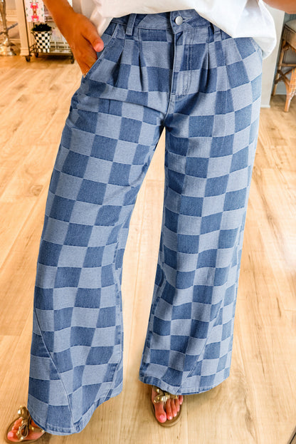 Dusk Blue Checkered Denim Wide Leg Jeans - Viraxa