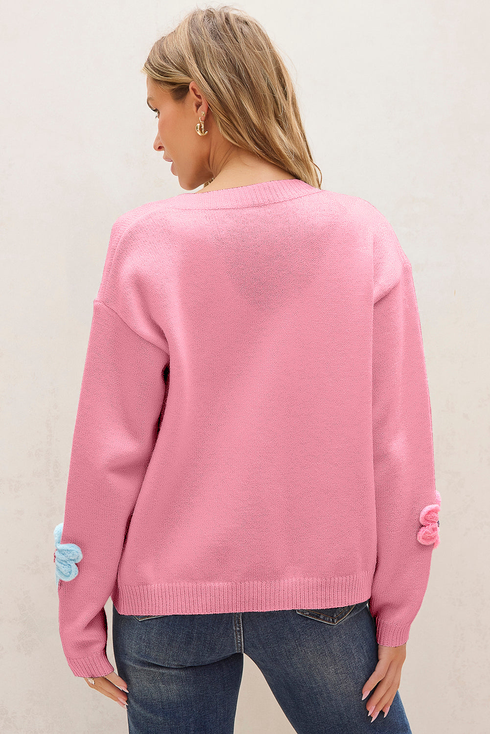 Pink Cute Knitted Floral Pattern Button Up Cardigan - Viraxa