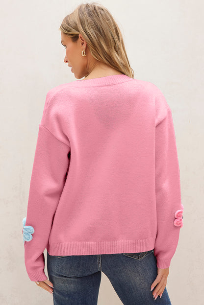 Pink Cute Knitted Floral Pattern Button Up Cardigan - Viraxa