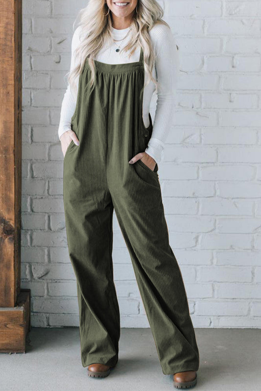 Jungle Green Solid Pocketed Loose Fit Corduroy Overall - Viraxa
