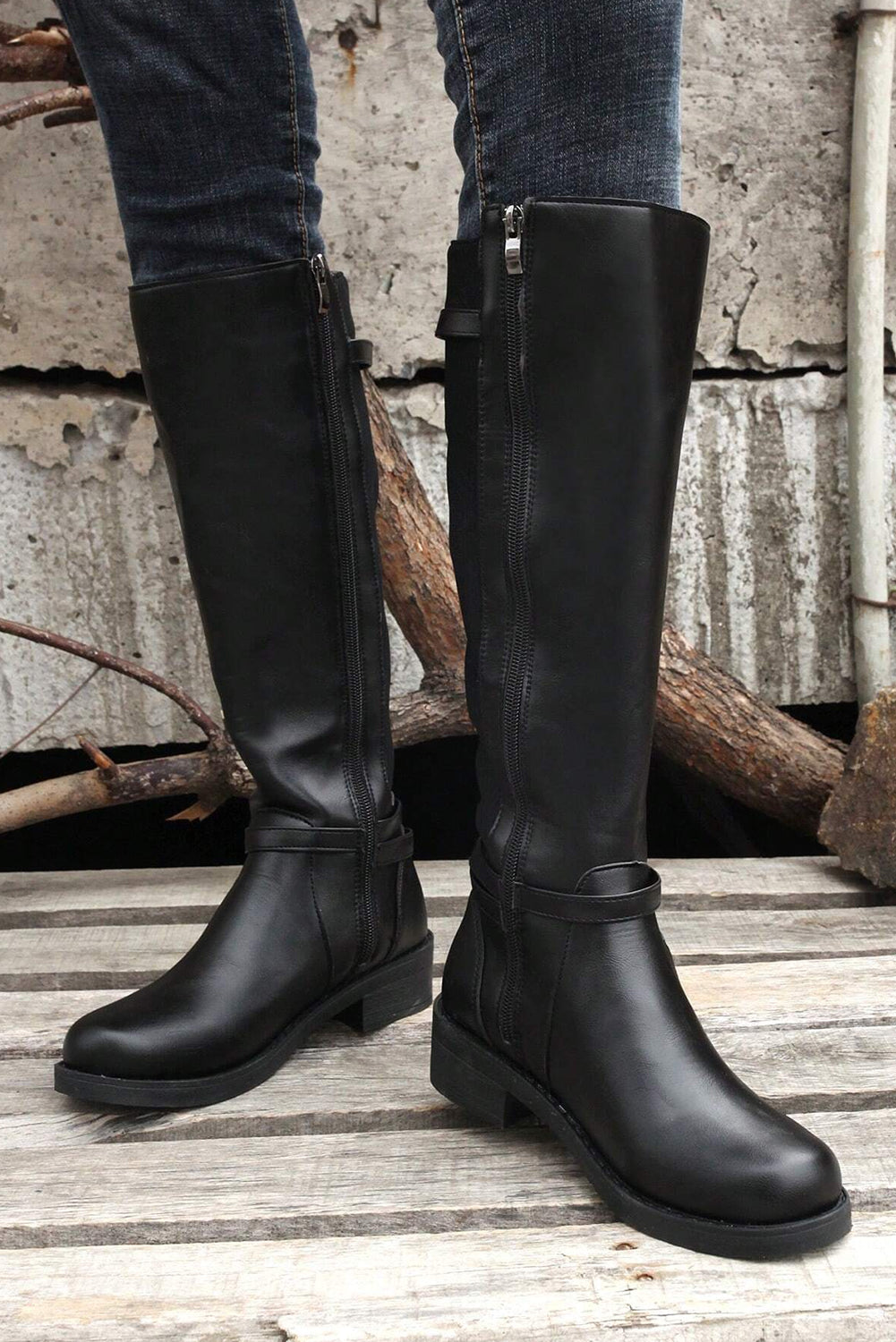 Black Side Zipper Knee High Chunky Low Heel Boots - Viraxa