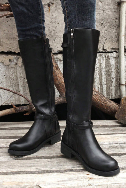 Black Side Zipper Knee High Chunky Low Heel Boots - Viraxa