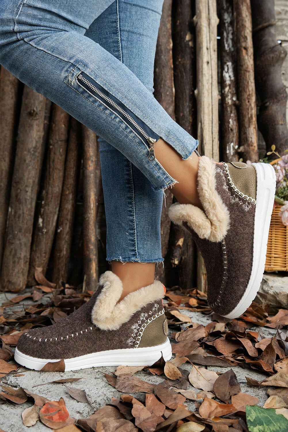 Coffee Suede Stitching Patchwork Plush Lined Anklet Boots - Viraxa