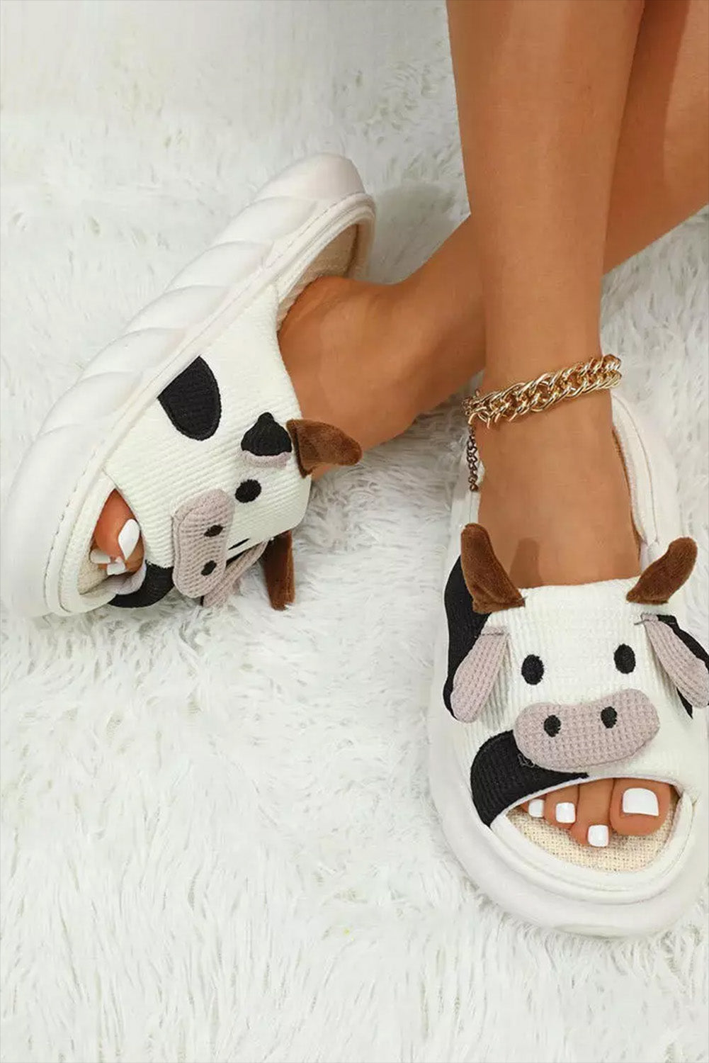 White Cute Cow Pattern Open Toe Slippers - Viraxa