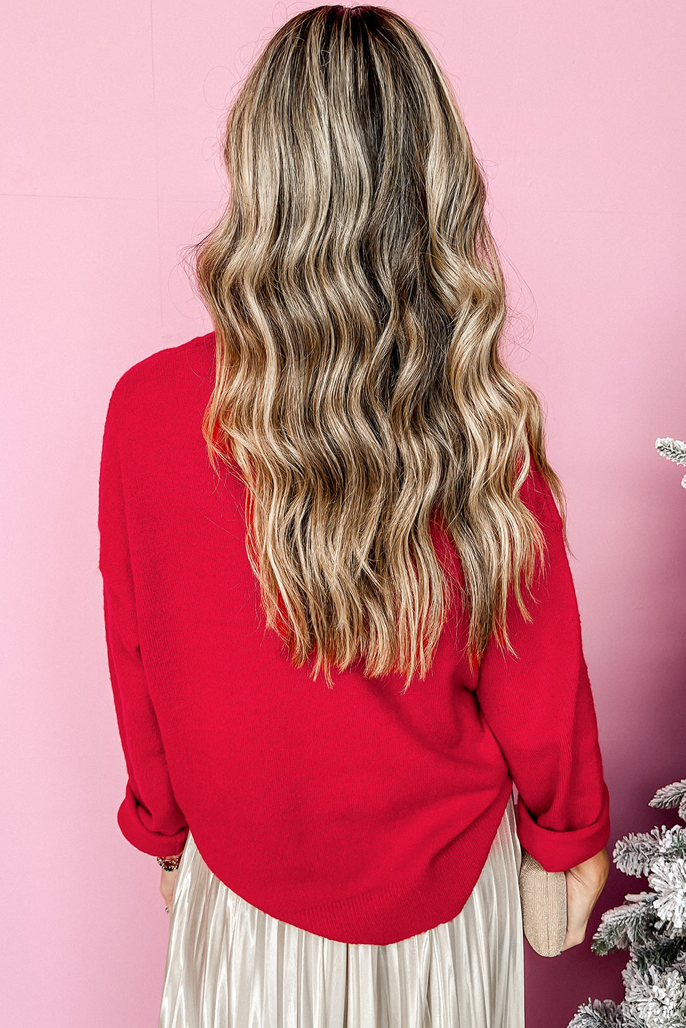 Fiery Red Tinsel Merry Letter Drop Shoulder Baggy Sweater - Viraxa