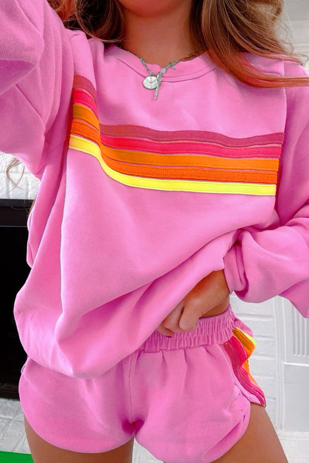 Bonbon Striped Accent Pullover and Shorts Two Piece Casual Set - Viraxa